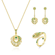 Queen Peacock Feather CZ Gold Plated S925 Silver Jewelry Set